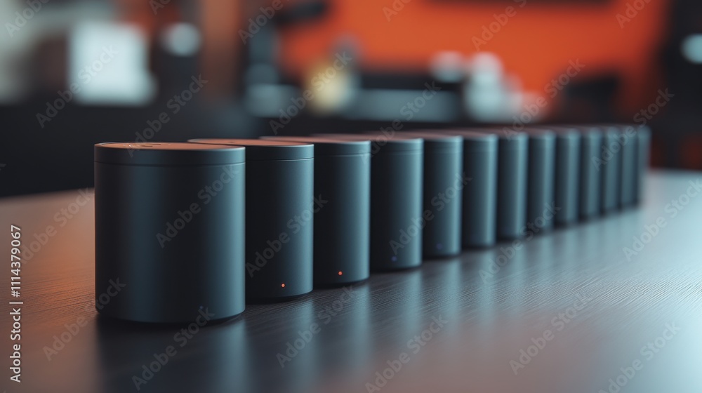 Row of Identical Portable Chargers on Table Technology Power Bank Gadgets Row of Identical Portable Chargers on Table Technology Power Bank Gadgets