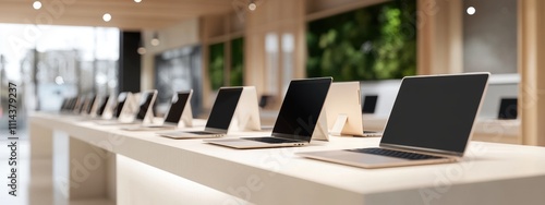 Modern Laptops and Tablets Display on Minimalist Counter in Tech Store