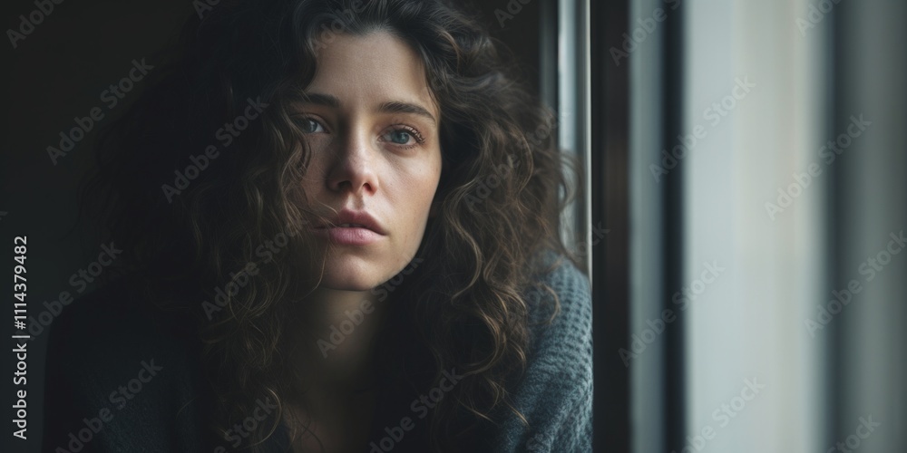 Fototapeta premium Sad lonely young woman sitting by the window in rainy weather. Generative AI.