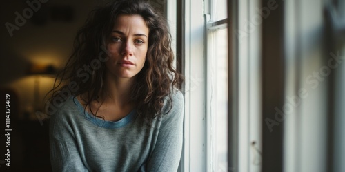 Sad lonely young woman sitting by the window in rainy weather. Generative AI.