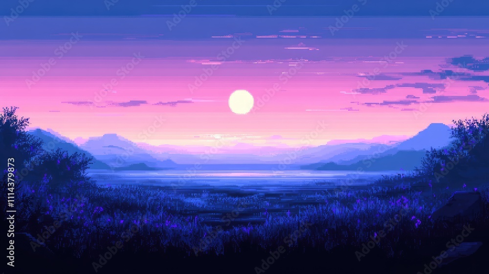 Fototapeta premium A soft gradient pixel art piece with subtle shades of blue and lavender, evoking a calming and serene digital atmosphere