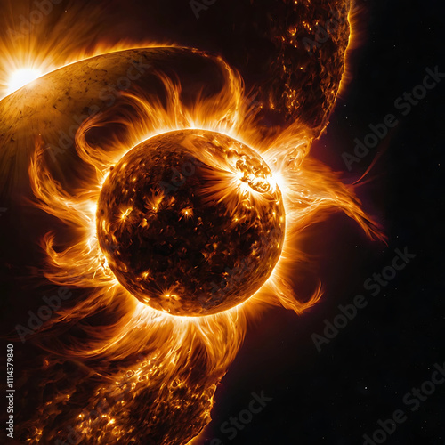 Solar eclipse with coronal prominence and solar flares over a planetary surface viewed from space photo