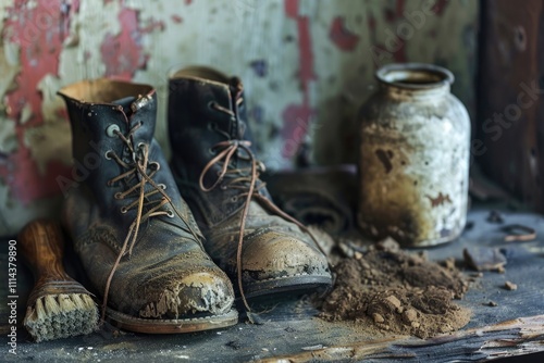 Vintage Shoes: Classic Boot Care with Cleaning Brush and Cream for Fashion Footwear photo