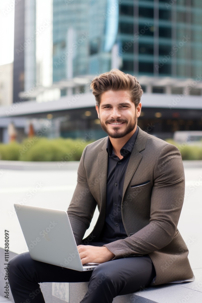 A young businessman man with a smile on his face sits outdoors with a laptop against the background of skyscrapers. Generative AI. A young businessman man with a smile on his face sits outdoors with a laptop against the background of skyscrapers. Generative AI.
