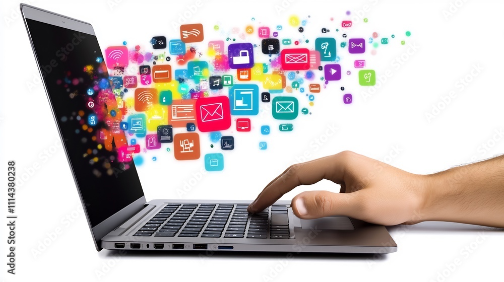 Digital World: A Hand Interacting with a Laptop and Colorful App Icons Digital World: A Hand Interacting with a Laptop and Colorful App Icons
