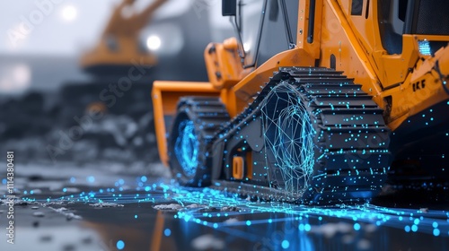 Close-up of a futuristic orange bulldozer with blue digital network lines on its tracks, working on a dark surface.