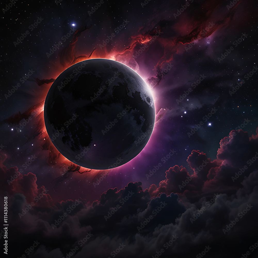 Obraz premium Spectacular celestial event with a dark moon surrounded by glowing clouds and stars in a cosmic backdrop