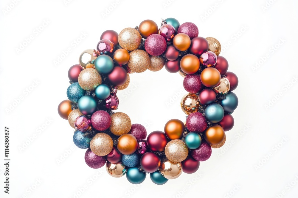 A decorative wreath made of Christmas ornaments on a white surface A decorative wreath made of Christmas ornaments on a white surface