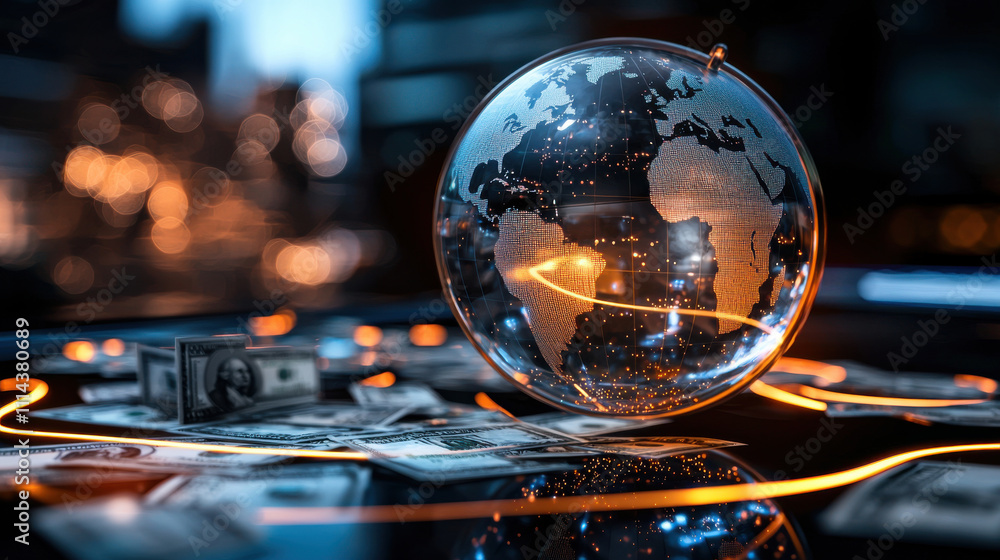 Crystal globe with glowing money trails and dollar bills around it Crystal globe with glowing money trails and dollar bills around it