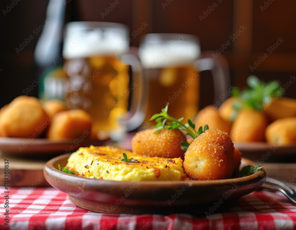 Plato de croquetas y tortilla con jarras de cerveza sobre mesa con mantel a cuadros en ambiente rústico. Plato de croquetas y tortilla con jarras de cerveza sobre mesa con mantel a cuadros en ambiente rústico.