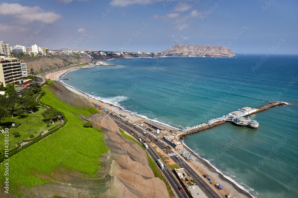 Fototapeta premium Soaring above La Costa Verde. From this height, you can truly appreciate the stunning blend of ocean blues, rugged cliffs, and city energy that make Miraflores unforgettable. 