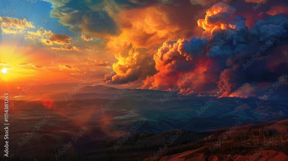 Fototapeta premium Wildland Fire at Sunset: Dramatic Sky with Red and Orange Clouds