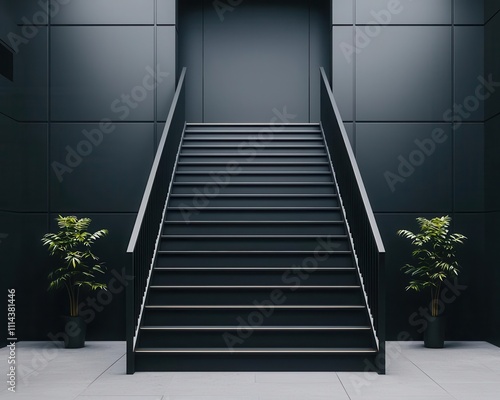Black metal staircase with glass railings  sleek and minimalist design in a stylish office building