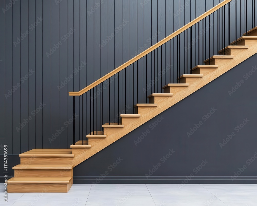 Wooden staircase with minimalist black handrails, elegant and modern design in a contemporary office building Wooden staircase with minimalist black handrails, elegant and modern design in a contemporary office building