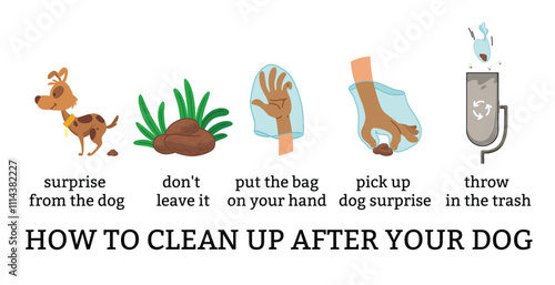 Dog poo clean up steps infographic set. Vector poster about hygiene animal, toilet cleaning information after your dog. Pick up poo after pets, picking waste in canine bag and throw in the trash
