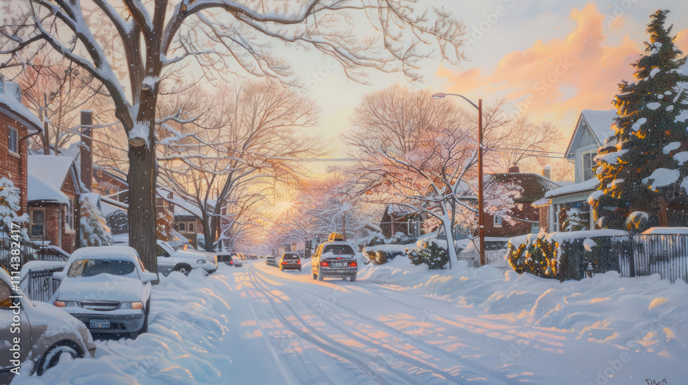 Winter street scene with thick snow blanketing parked cars and trees, under soft evening light Winter street scene with thick snow blanketing parked cars and trees, under soft evening light