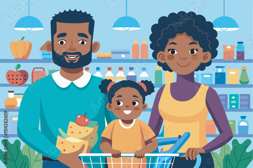 Cheerful African American family of three enjoys shopping trip in a vibrant grocery store. Smiling, holding baskets with groceries, surrounded by colorful products.