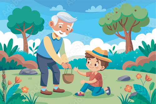 Grandfather and grandson enjoy picking strawberries in a lush park. Warmth, curiosity, and joy fill the scene, set against a backdrop of nature's vitality and harmony.