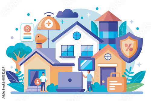 A cartoon blue house with smart home elements. Icons symbolize safety features. People interact with tech. Modern, secure living theme.