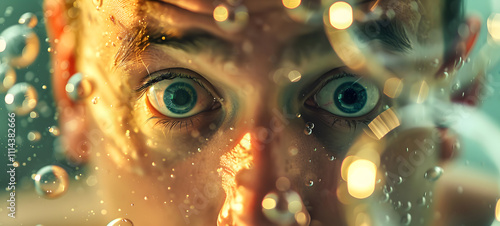 In a tranquil underwater setting, a person’s eyes shine with amazement, surrounded by floating bubbles, evoking a sense of curiosity and adventure. Generative AI