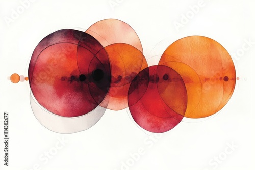 Abstract watercolor circles in vibrant orange and red tones, showcasing a modern artistic style with overlapping shapes and delicate textures on a clean white background