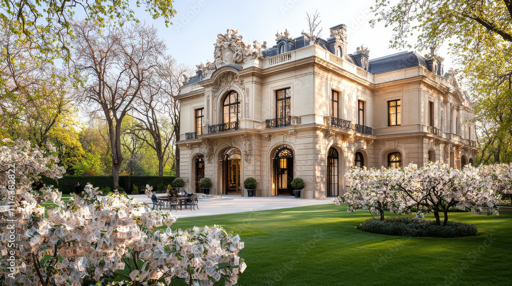 Fototapeta premium Opulent mansion surrounded by blooming money trees in lush garden
