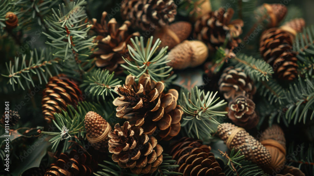 Fototapeta premium Woodland-inspired Christmas wreath with pine cones, acorns, and forest greenery, evoking a natural holiday vibe