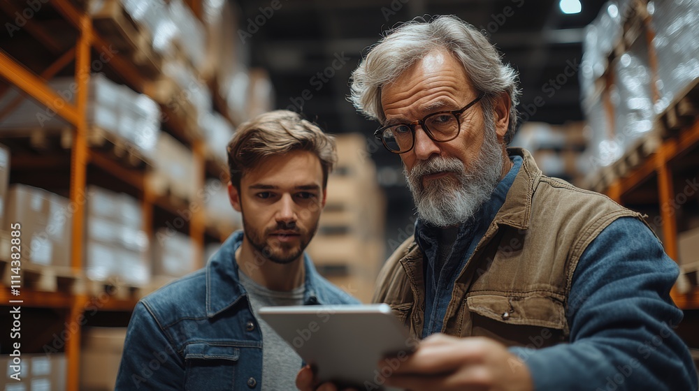 Obraz premium Experienced warehouse manager training a young employee, reviewing inventory details on a digital tablet while standing among organized shelves of boxes in a modern warehouse.
