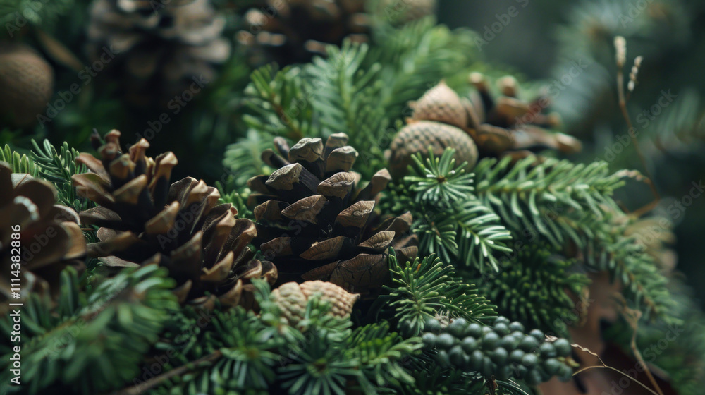 Fototapeta premium Woodland-inspired Christmas wreath with pine cones, acorns, and forest greenery, evoking a natural holiday vibe