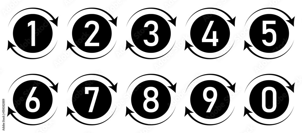 Set of 1 to 9 numbers simple design isolated. Typography set of rounds 1 to 9 Numbers. Bullet point number with arrow icon collection. Numeral typographic line and flat icon set. Vector illustration. Set of 1 to 9 numbers simple design isolated. Typography set of rounds 1 to 9 Numbers. Bullet point number with arrow icon collection. Numeral typographic line and flat icon set. Vector illustration.