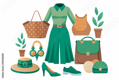 Image showcases women's fashion in green & brown tones. Woman in green attire, accessories, plant decor & stylish items to complete the look.