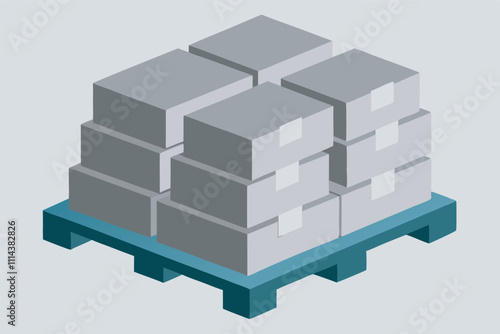 Image shows a blue pallet with white boxes stacked neatly in columns. Uniform appearance hints at similar contents. Setting indicates industrial organization in a warehouse or storage area.