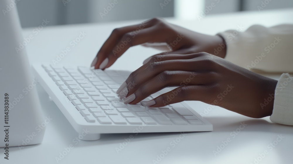 Close-up of dark-skinned hands typing on a white wireless keyboard. Close-up of dark-skinned hands typing on a white wireless keyboard.