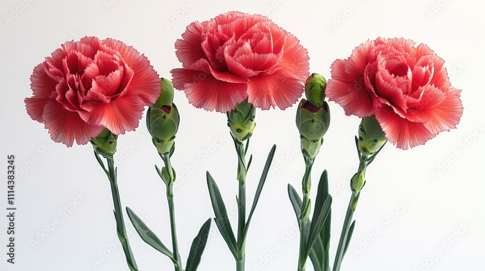 A bouquet of three pink carnations arranged in a vase on a table A bouquet of three pink carnations arranged in a vase on a table