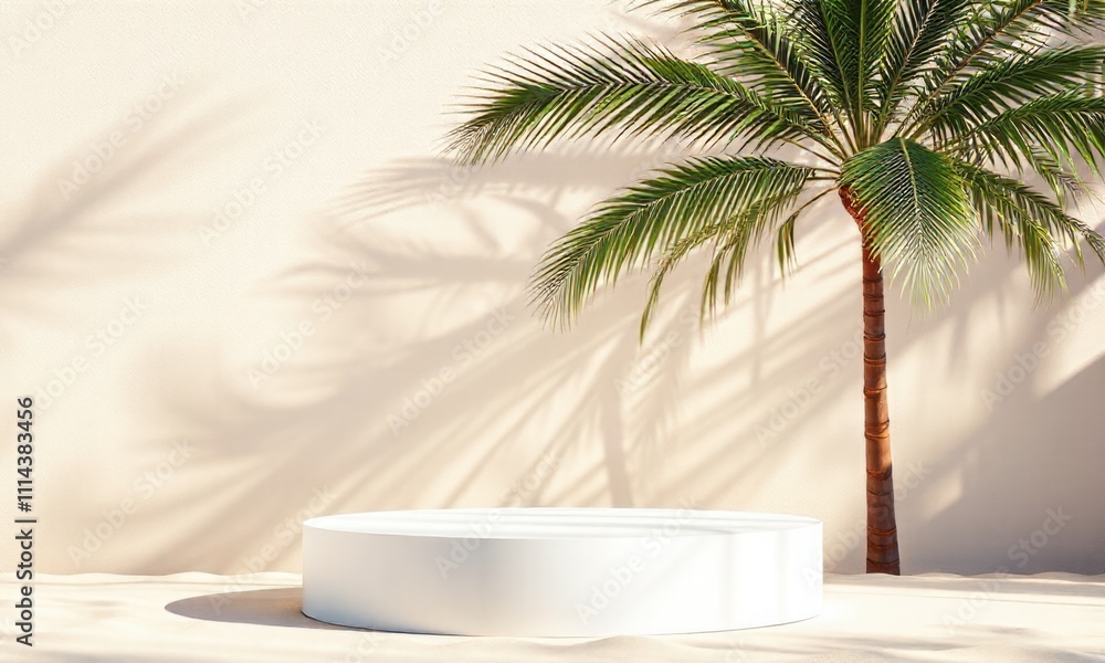 Tropical Paradise: A white podium sits on the sandy beach, bathed in warm sunlight filtering through the lush palm leaves. Tropical Paradise: A white podium sits on the sandy beach, bathed in warm sunlight filtering through the lush palm leaves.