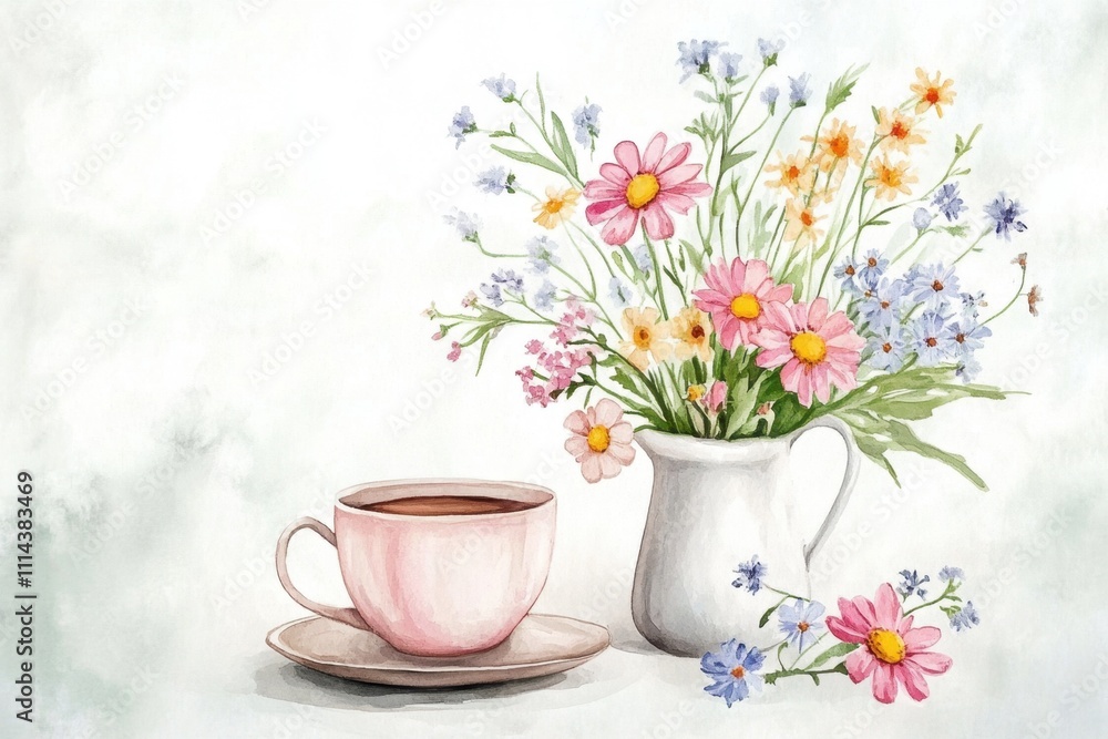 A delicate illustration featuring a pink cup beside a white vase filled with colorful flowers, set against a soft, muted background. A delicate illustration featuring a pink cup beside a white vase filled with colorful flowers, set against a soft, muted background.