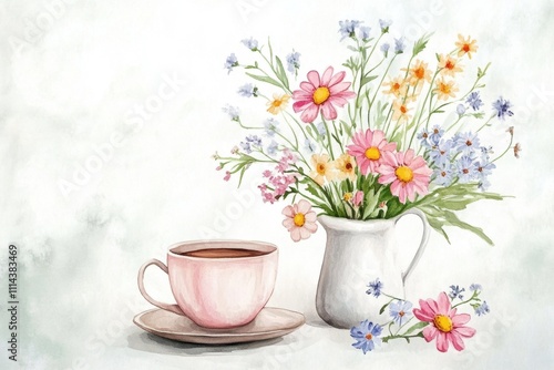 Wallpaper Mural A delicate illustration featuring a pink cup beside a white vase filled with colorful flowers, set against a soft, muted background. Torontodigital.ca