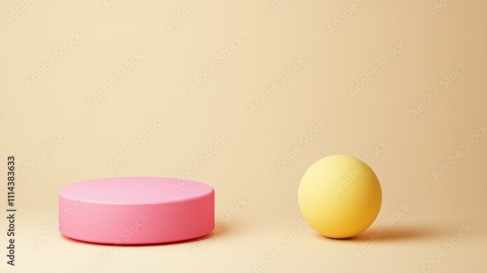 A soft pink cylinder and a yellow sphere are displayed on a light beige background, showcasing minimalist geometric shapes. A soft pink cylinder and a yellow sphere are displayed on a light beige background, showcasing minimalist geometric shapes.