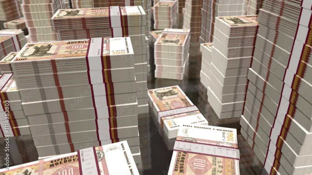 Moldova money Moldavian Lei notes packs loop. 3D flight over 100 MDL banknotes stacks towers. Loopable seamless abstract background concept of business, economy crisis and finance. Moldova money Moldavian Lei notes packs loop. 3D flight over 100 MDL banknotes stacks towers. Loopable seamless abstract background concept of business, economy crisis and finance.