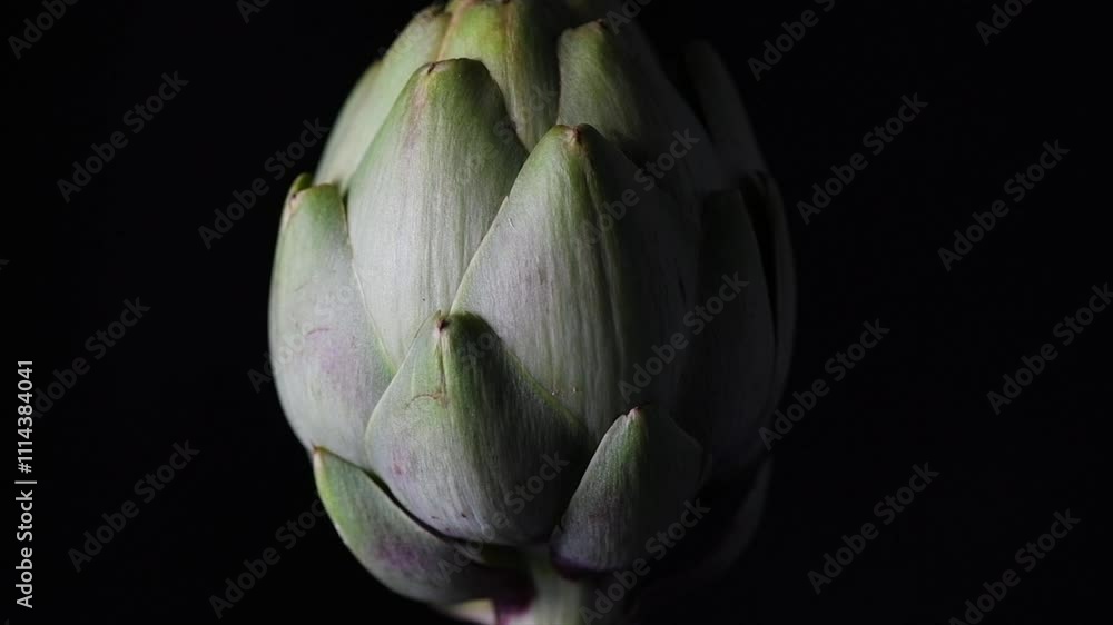 Artichoke close up. Fresh raw organic green Artichoke macro shot, rotating over black background. Healthy vegetarian food. Raw vegetable, market. Vegan backdrop. Close up. Artichoke close up. Fresh raw organic green Artichoke macro shot, rotating over black background. Healthy vegetarian food. Raw vegetable, market. Vegan backdrop. Close up.