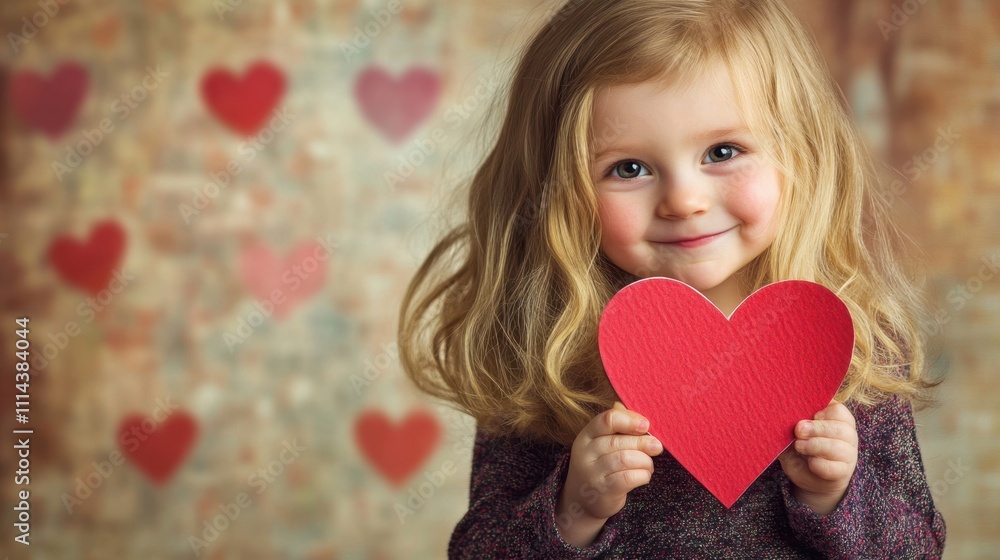 A cheerful child holds a red heart-shaped cutout against a backdrop of hearts, radiating joy and love. A cheerful child holds a red heart-shaped cutout against a backdrop of hearts, radiating joy and love.