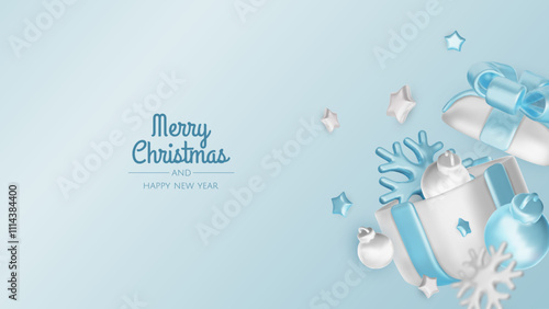 Happy New Year and Merry Christmas. Christmas holiday background with realistic 3d objects, blue and white bauble balls, conical metal stars, gift. Levitation falling design composition.