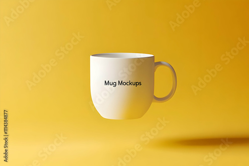 Floating white mug mockup on a yellow background, featuring the text 