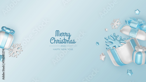 Happy New Year and Merry Christmas. Christmas holiday background with realistic 3d objects, blue and white bauble balls, conical metal stars, gift. Levitation falling design composition.
