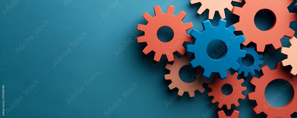 Colorful gears arranged on a blue background, symbolizing industry, machinery, and teamwork in a visually appealing way. Colorful gears arranged on a blue background, symbolizing industry, machinery, and teamwork in a visually appealing way.