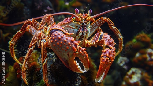 A seafood picture of a lobster's facial expression, showing its mouth open and claws extended photo