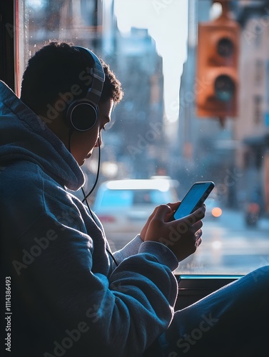 Photo of a teenager texting on their phone while sitting on a bus, headphones around their neck, with city streets visible outside.