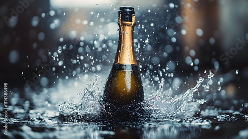 Intricate Close-Up of a Champagne Bottle Being Uncorked, with Dramatic Splashes and Bubbles Capturing the Essence of Celebration photo