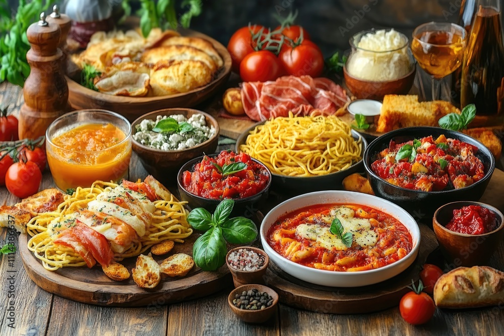 A wooden table filled with various bowls of food A wooden table filled with various bowls of food