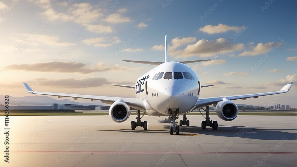 A commercial airplane on a runway labeled A commercial airplane on a runway labeled